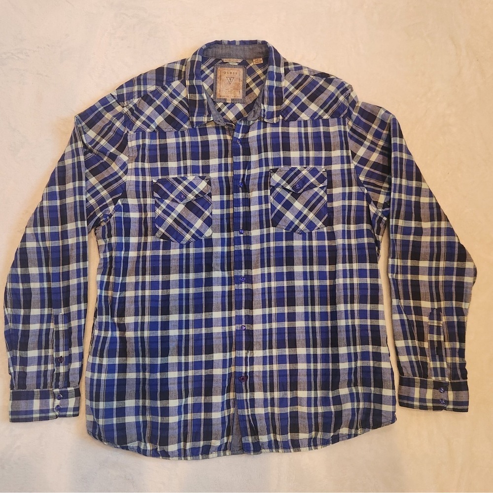 GUESS MENS Blue Long Sleeve Button Down Pearl Snap Western Slim Fit XXL